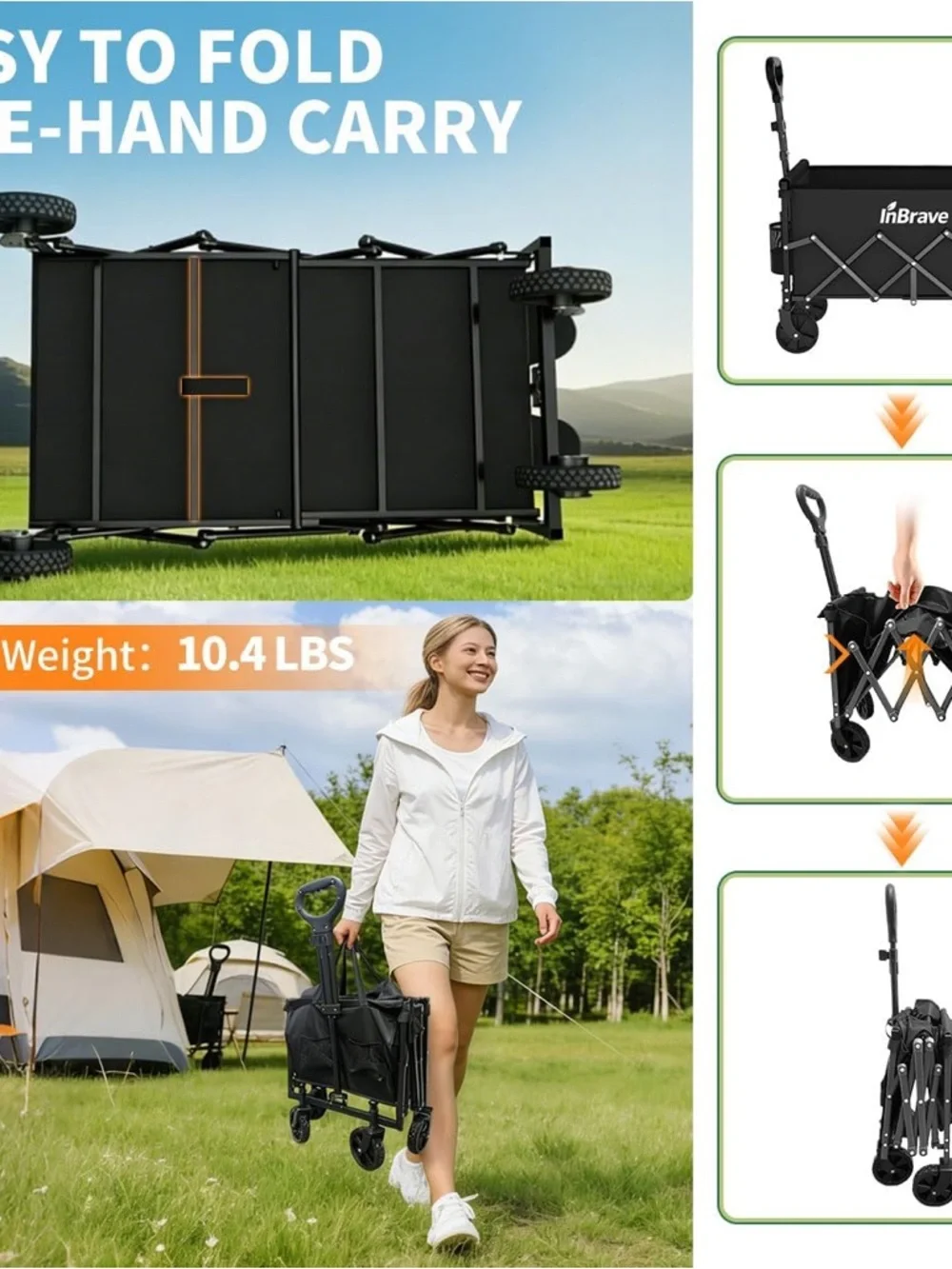 Foldable Utility Wagon Cart in Black Holds 380 Pounds